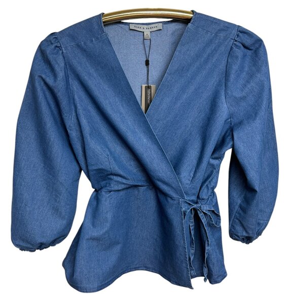 Alex and Parker Indigo Cotton‎ Blend Surplice Wrap Tie Top - Picture 1 of 7